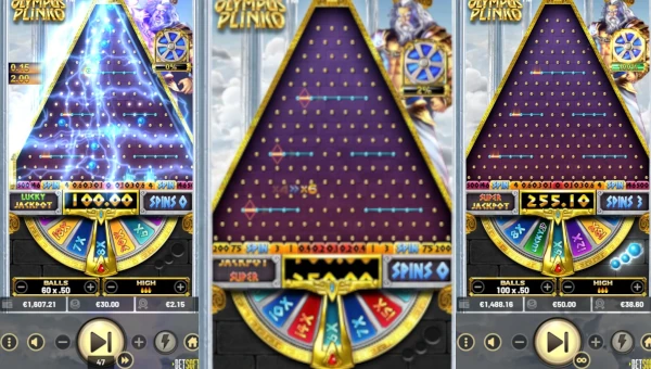 Olympus Plinko base game screenshot showing reels and features