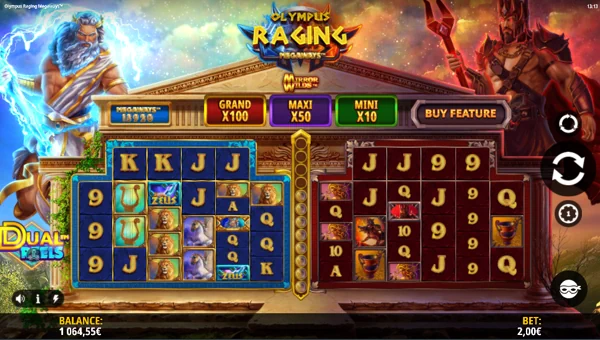 Olympus Raging Megaways base game screenshot showing reels and features