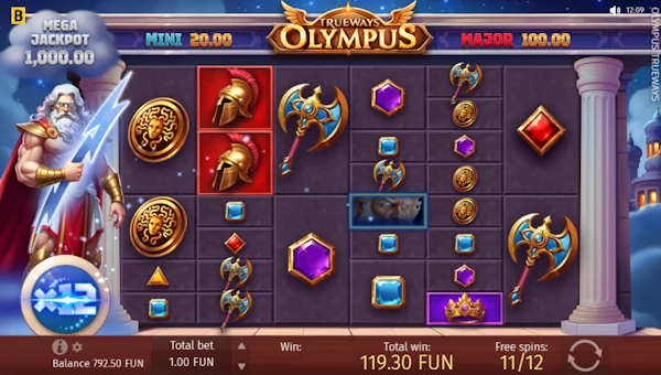 Screenshot of Olympus Trueways slot demo showing reels and bonus game features