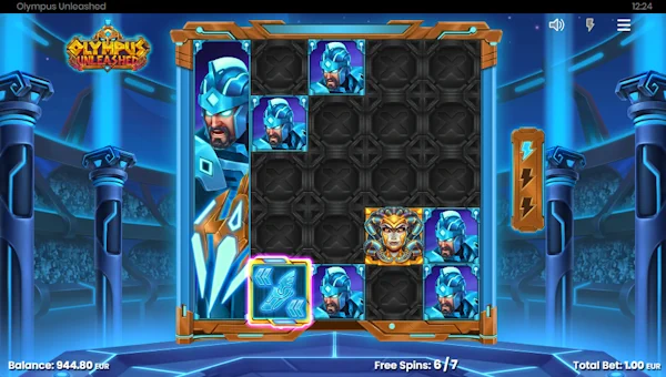 Screenshot of Olympus Unleashed slot demo showing reels and bonus game features
