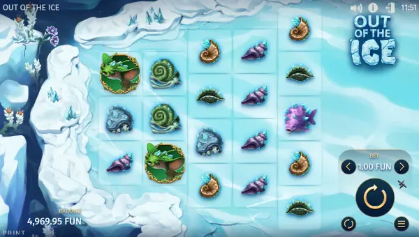 Out of the Ice base game screenshot showing reels and features