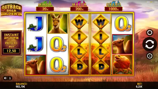 Outback Gold base game screenshot showing reels and features