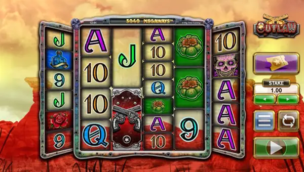 Outlaw base game screenshot showing reels and features