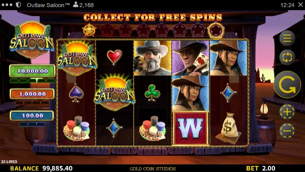 Outlaw Saloon base game screenshot showing reels and features