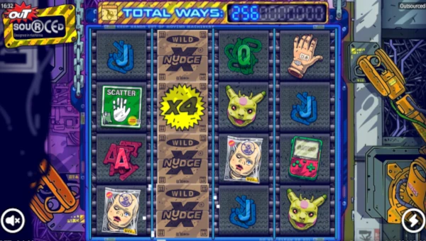 Outsourced base game screenshot showing reels and features
