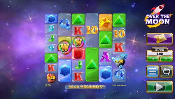Over the Moon Megaways base game screenshot showing reels and features