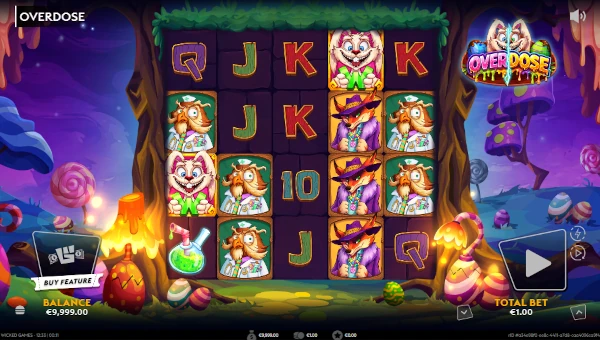 Overdose base game screenshot showing reels and features
