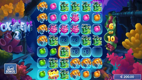 Screenshot of Oxygen 2 slot demo showing reels and bonus game features