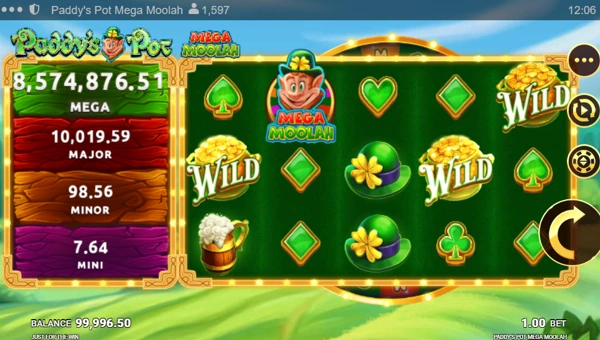 Paddys Pot Mega Moolah base game screenshot showing reels and features