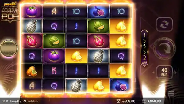 PapayaPop base game screenshot showing reels and features