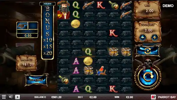 Parrot Bay base game screenshot showing reels and features