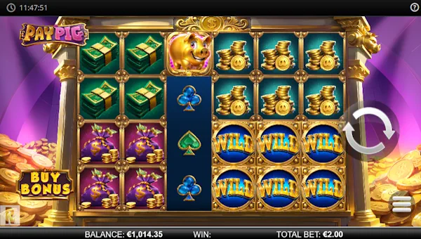 Pay Pig base game screenshot showing reels and features