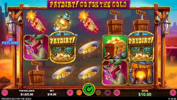 Paydirt Go for the Gold base game screenshot showing reels and features