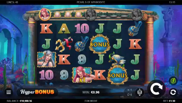 Pearls of Aphrodite base game screenshot showing reels and features