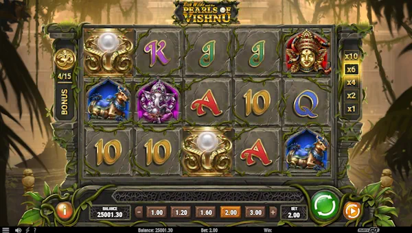 Rich Wilde and the Pearls of Vishnu base game screenshot showing reels and features