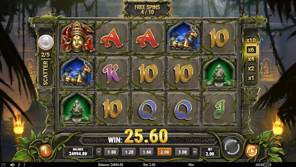 Screenshot of Rich Wilde and the Pearls of Vishnu slot demo showing reels and bonus game features
