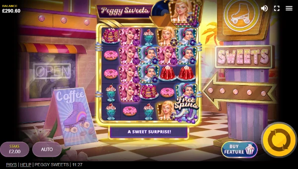 Peggy Sweets base game screenshot showing reels and features