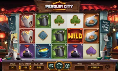 Penguin City base game screenshot showing reels and features
