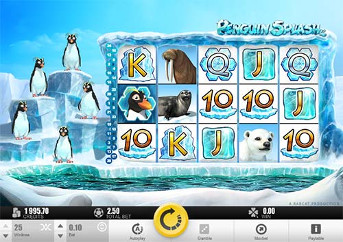 Penguin Splash base game screenshot showing reels and features