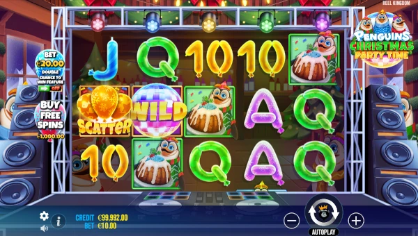 Penguins Christmas Party Time base game screenshot showing reels and features
