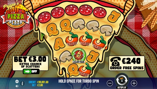 Peppes Pepperoni Pizza Plaza base game screenshot showing reels and features