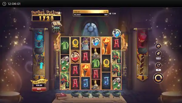 Perfect Potions Megaways base game screenshot showing reels and features
