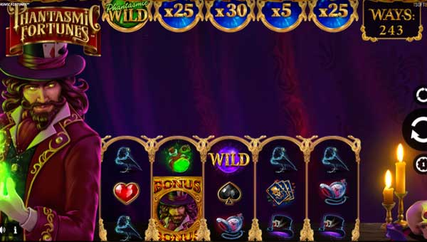 Phantasmic Fortunes base game screenshot showing reels and features
