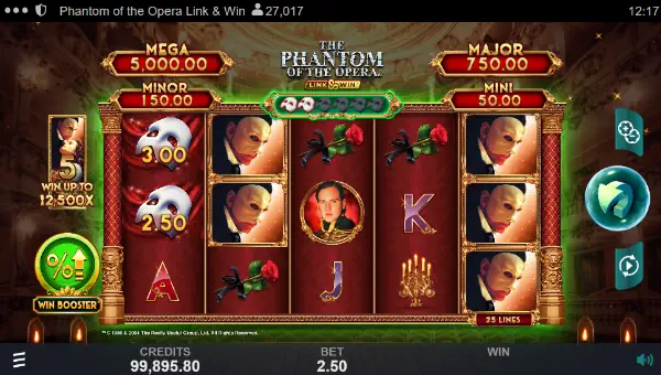 Phantom of the Opera Link and Win base game screenshot showing reels and features