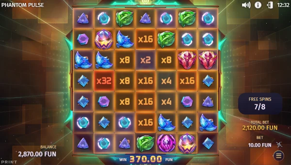 Screenshot of Phantom Pulse slot demo showing reels and bonus game features