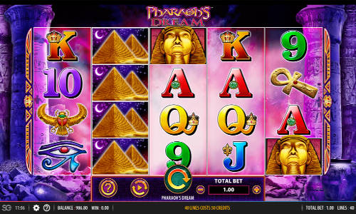 Pharaohs Dream base game screenshot showing reels and features