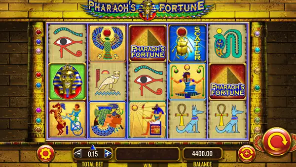 Pharaohs Fortune base game screenshot showing reels and features