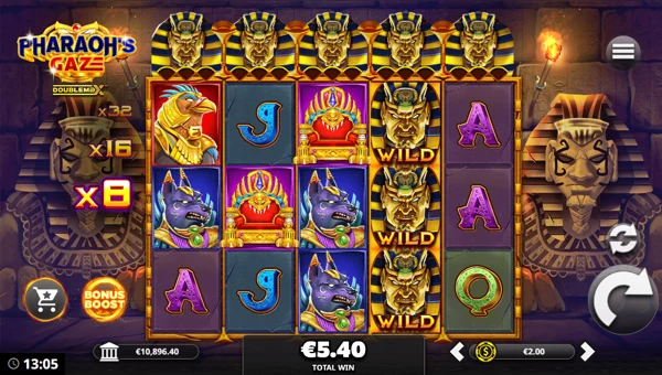 Pharaohs Gaze Doublemax base game screenshot showing reels and features