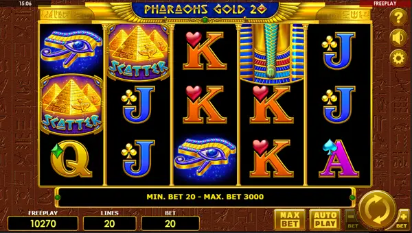 Pharaohs Gold 20 base game screenshot showing reels and features
