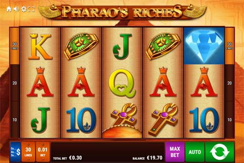 Pharaos Riches base game screenshot showing reels and features