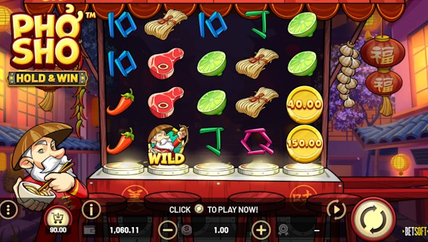 Pho Sho base game screenshot showing reels and features