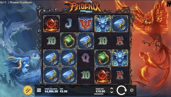 Phoenix DuelReels base game screenshot showing reels and features