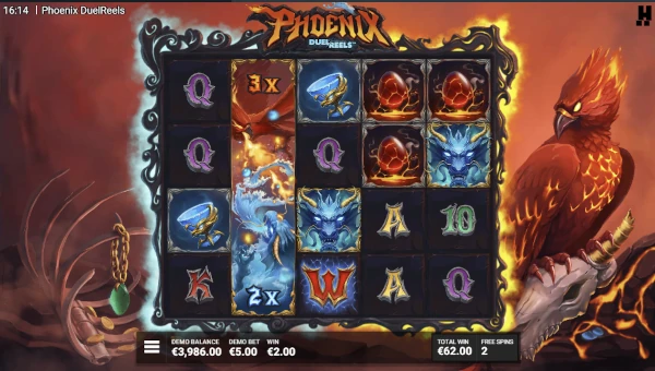 Screenshot of Phoenix DuelReels slot demo showing reels and bonus game features