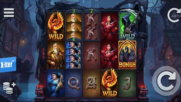 Phoenix Graveyard base game screenshot showing reels and features