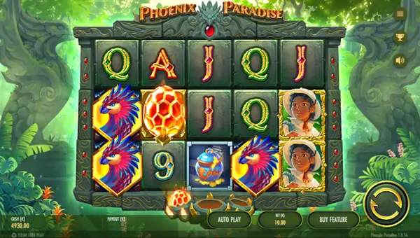 Phoenix Paradise base game screenshot showing reels and features