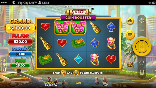 Pig City Life base game screenshot showing reels and features