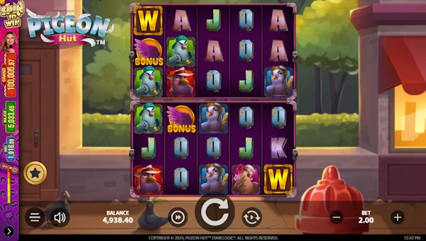 Pigeon Hut base game screenshot showing reels and features