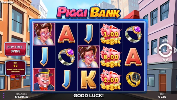 Piggi Bank base game screenshot showing reels and features
