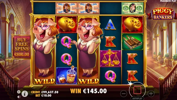 Piggy Bankers base game screenshot showing reels and features