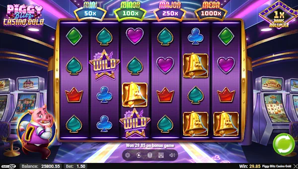 Piggy Blitz Casino Gold base game screenshot showing reels and features