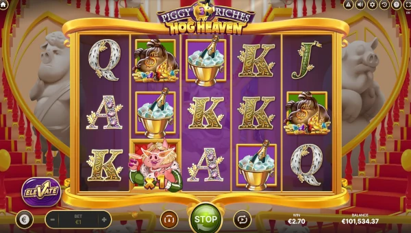 Piggy Riches 3 Hog Heaven base game screenshot showing reels and features