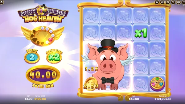 Screenshot of Piggy Riches 3 Hog Heaven slot demo showing reels and bonus game features