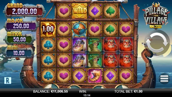 Pillage the Village 10K Ways base game screenshot showing reels and features
