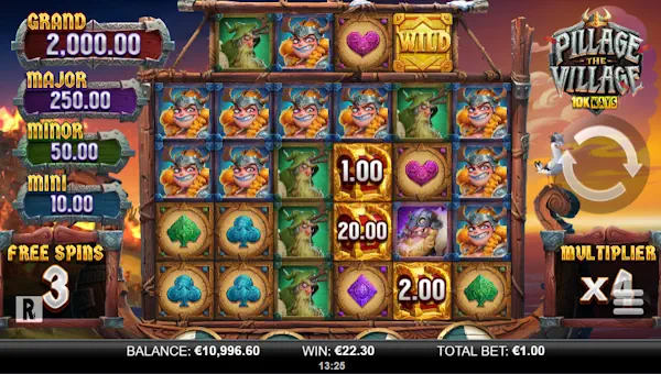 Screenshot of Pillage the Village 10K Ways slot demo showing reels and bonus game features