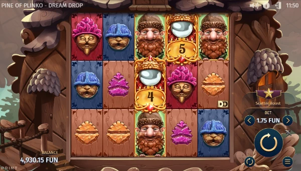 Pine of Plinko Dream Drop base game screenshot showing reels and features