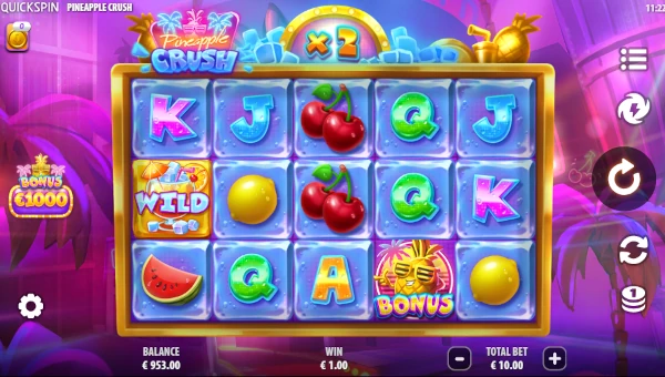 Pineapple Crush base game screenshot showing reels and features
